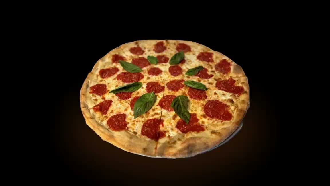 A whole pepperoni pie from Ray's Corner floating in studio light